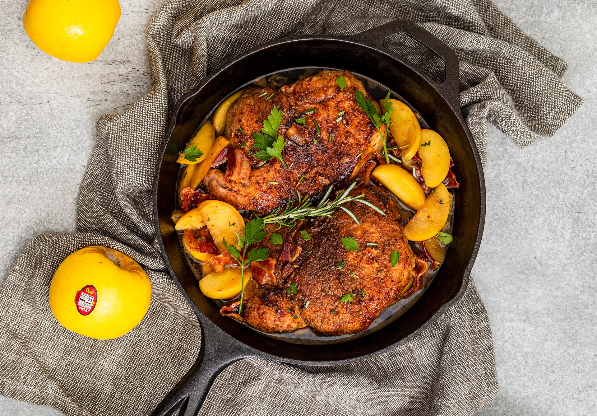 Smothers pork chops topped with Opal Apples 